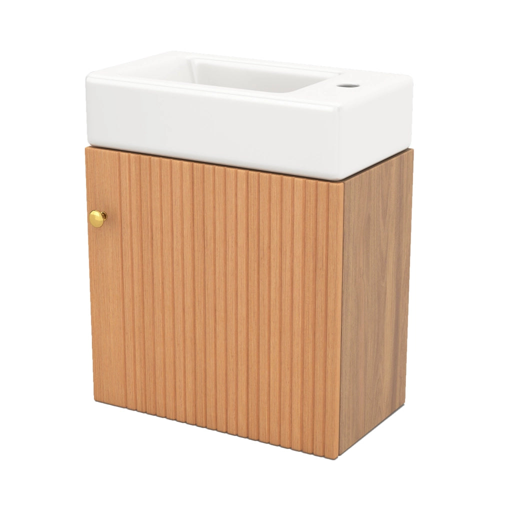 Mobile sottolavabo con lavabo in ceramica e anta con chiusura ammortizzata per bagno piccolo in MDF legno naturale