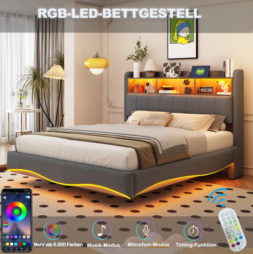 Letto imbottito sospeso 140x200 cm con LED; porte USB e Type-C; tessuto effetto lino grigio