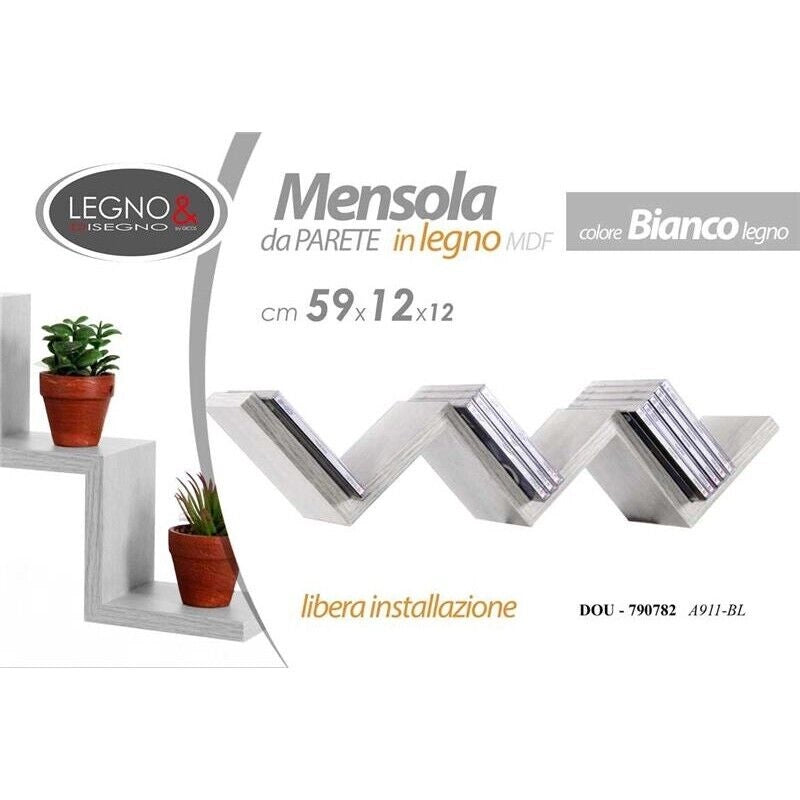 MENSOLA ZIG ZAG DIMENSIONI 59X12X12 CM IN COLORE BIANCO EFFETTO LEGNO