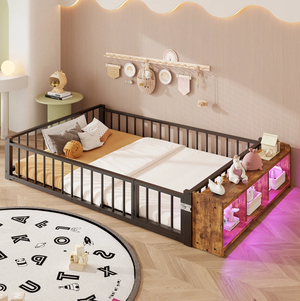 Letto 140x200 cm con vano portaoggetti; LED e sponde in metallo e MDF nero