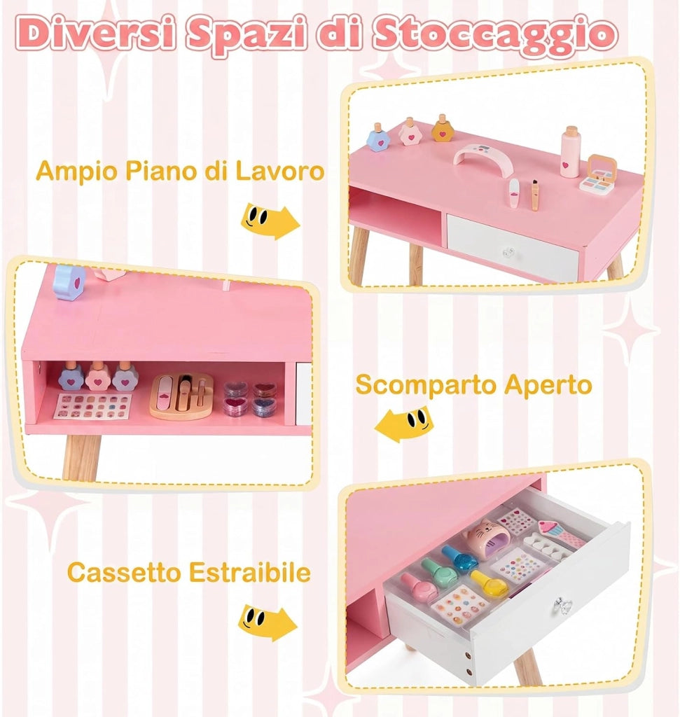 2 in 1 Set Tavolo Manicure per Bambini per Cameretta | Set Toeletta per Bambini con 2 Sedie in Legno con Cassetto e Scomparto, Postazione Trucco per Gioco e Studio, 61 x 35 x 51 cm