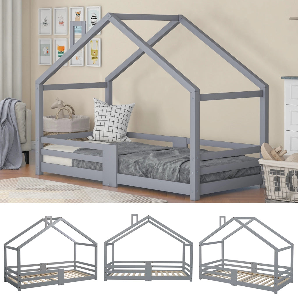 Letto Casetta Letto Singolo 90×200 cm con Sponde di Sicurezza e Tetto con Camino; senza Materasso; Grigio