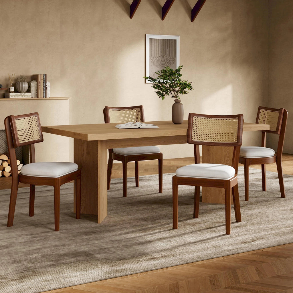 Set di 2 sedie da pranzo in legno massiccio con schienale in rattan e cuscino in lino, colore noce