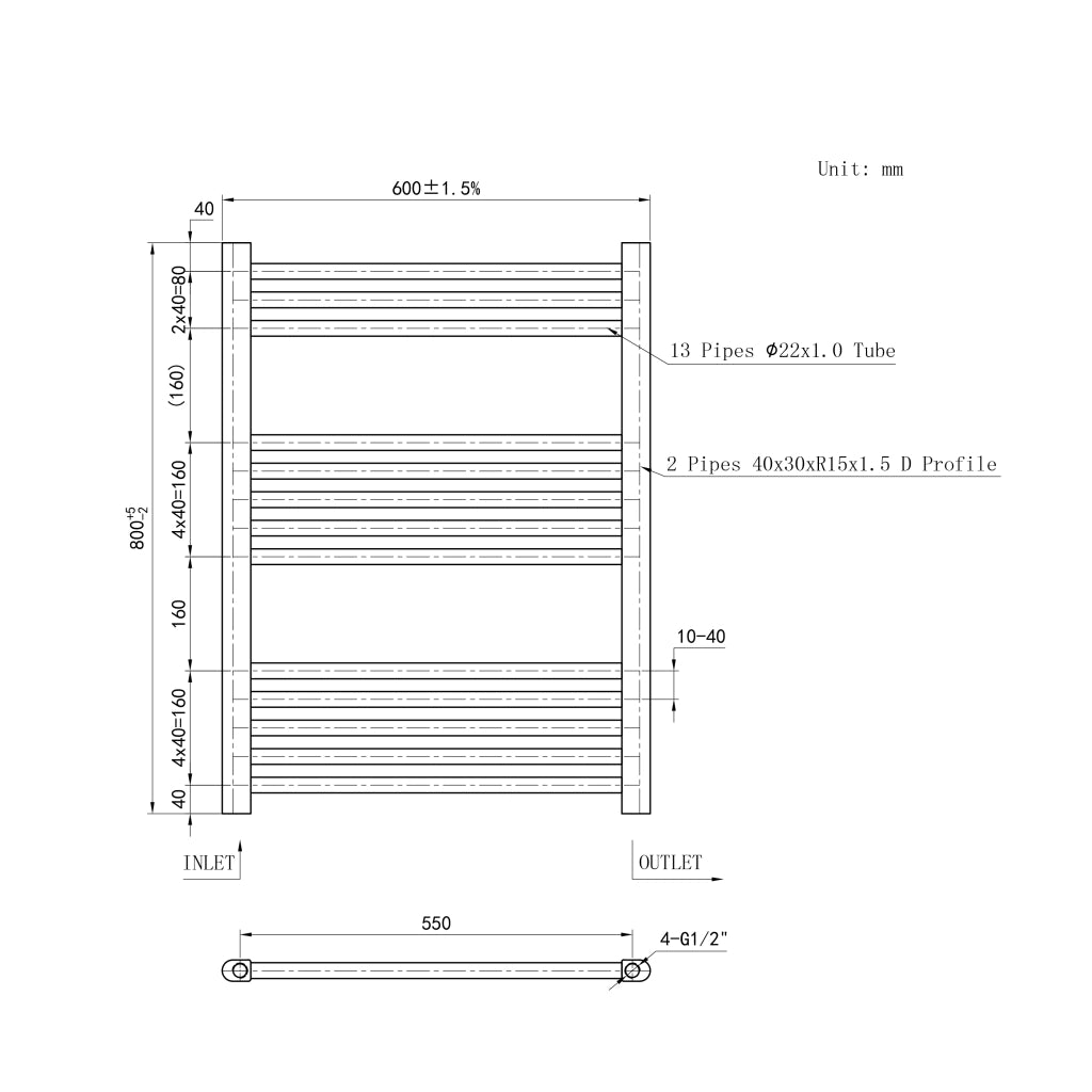 Termoarredo Bagno in Acciaio al Carbonio Calorifero Riscaldamento ad Acqua Antracite 800x600 mm