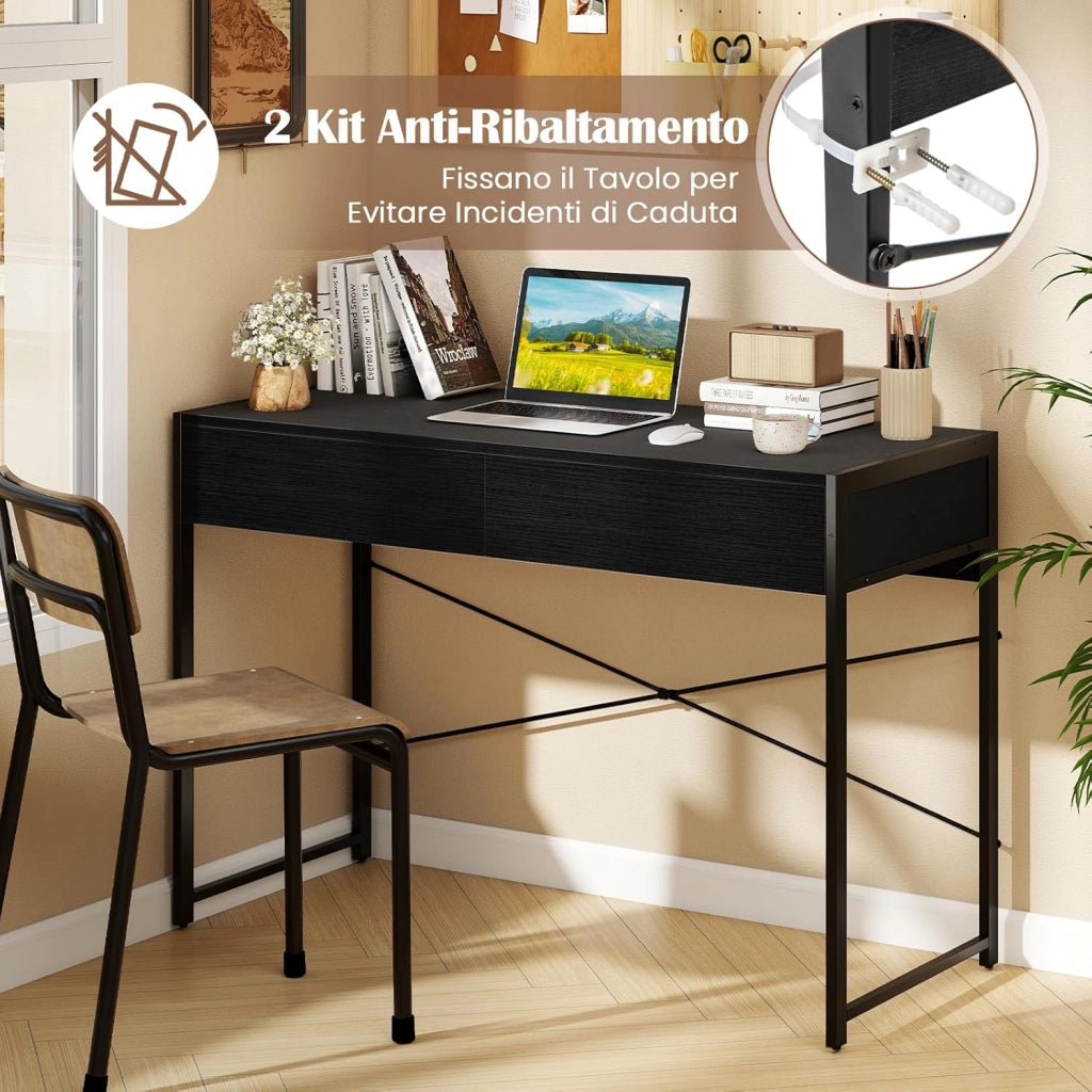 Scrivania per Computer con 2 Cassetti, Scrivania Porta PC con Telaio in Metallo e Legno, Posizione da Lavoro per Studio e Ufficio, Portata 100 kg, 112 x 48 x 76 cm (Nero)
