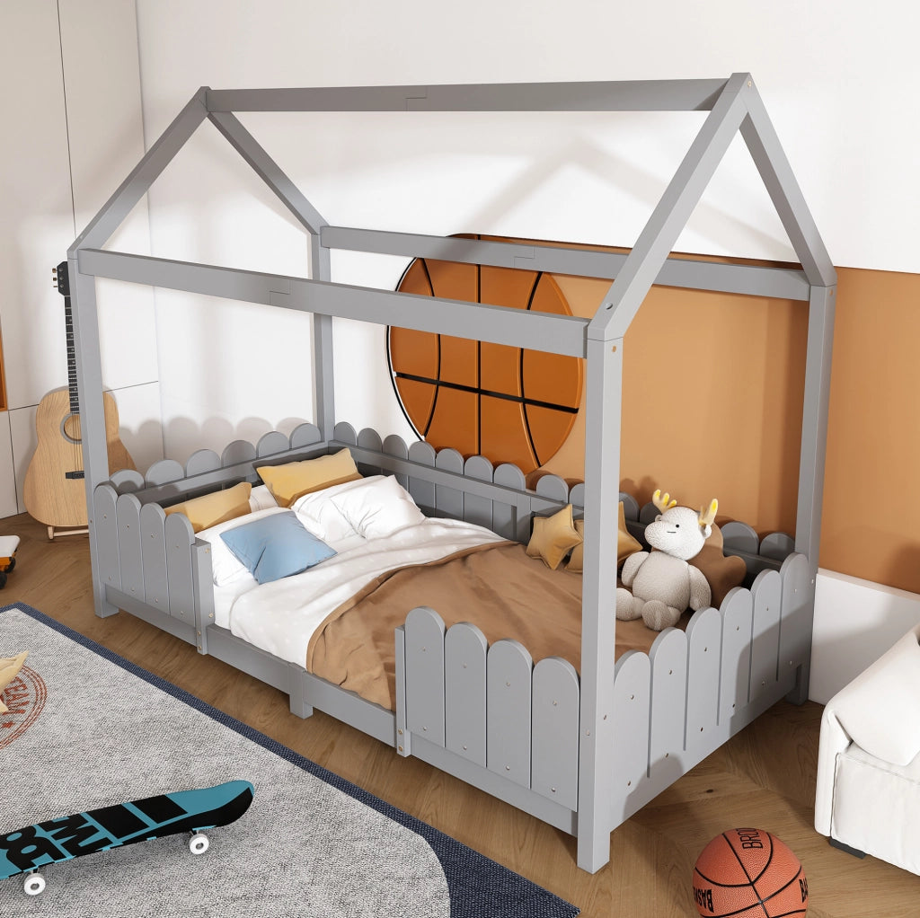 Letto a casetta per bambini 90x200 cm con barriera anticaduta e rete a doghe; in legno grigio
