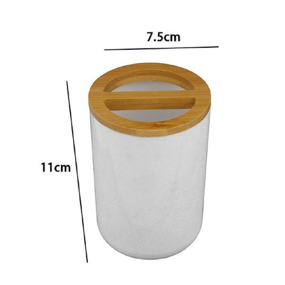Trade Shop - Porta Spazzolini Bicchiere Accessori Bagno 2 Fori Bianco Legno Contenitore 69478 -