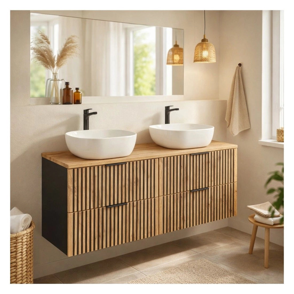 Set KINOKO: mobile sottolavabo 120cm + piano d'appoggio + 2 lavabi bianchi quadrati arrotondati da appoggio