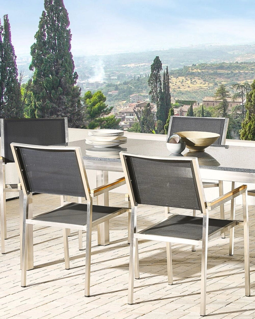 Set di 4 Sedie da Pranzo da Giardino Seduta in Tessuto Grigio e Argento Gambe in Acciaio Inox Impilabili da Esterno
