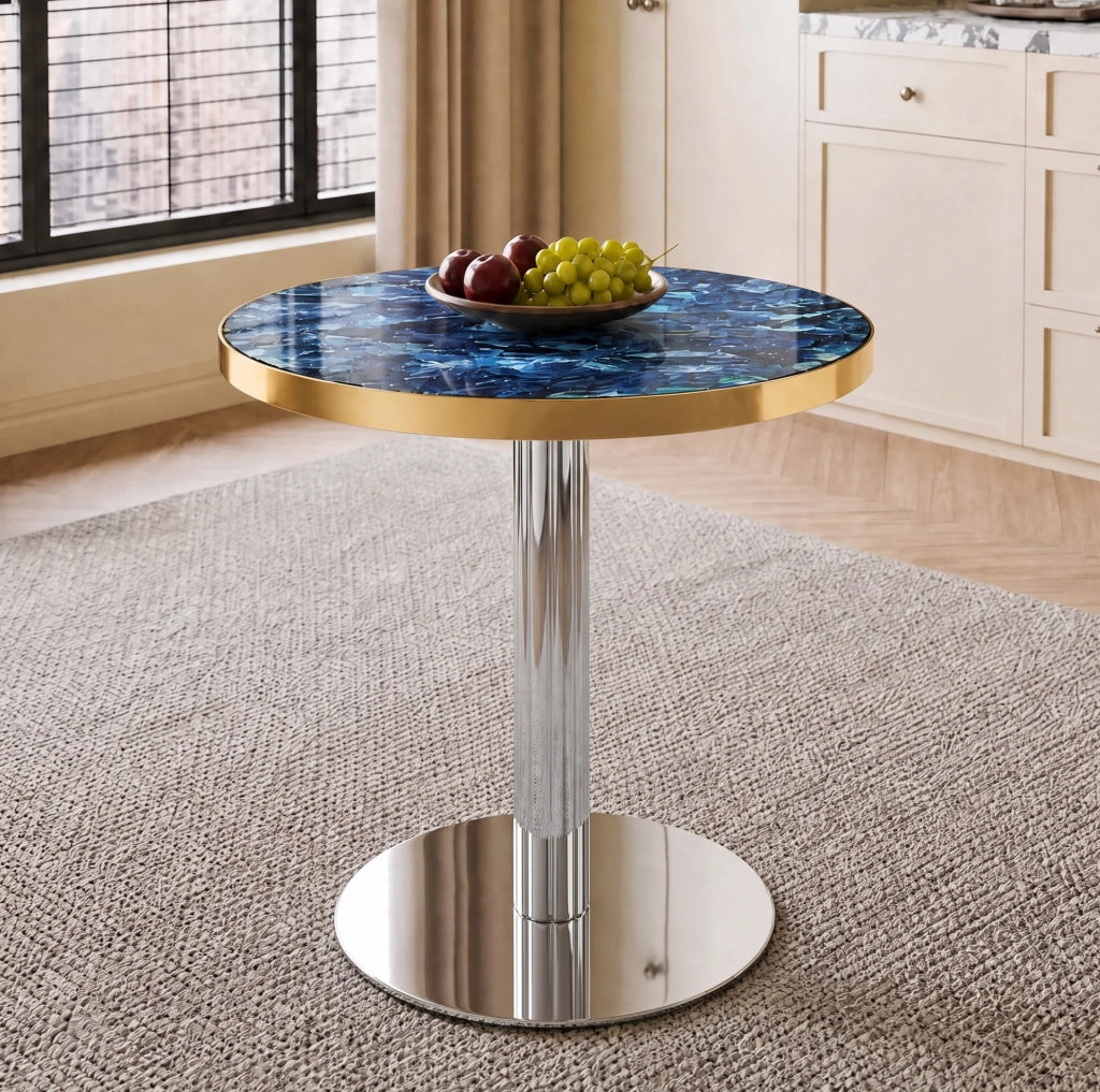 Tavolo rotondo 60x73;7 cm blu in MDF e metallo; base stabile