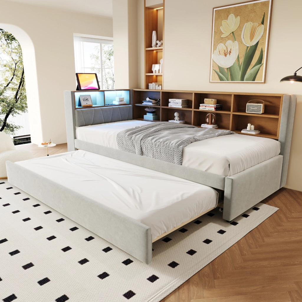 Divano letto 90x200 cm con letto estraibile; LED e porte di ricarica in flanella grigio chiaro