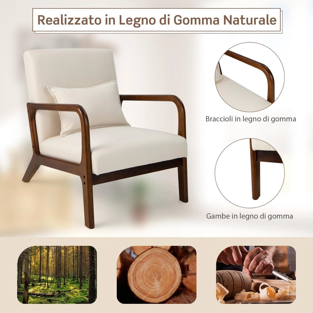Poltrona da Salotto, Sedia da Soggiorno con Cuscino Lombare, Poltrona Moderna Imbottita, Telaio in Legno di Gomma, per Soggiorno, Camera da Letto, Portata 150 kg (Beige)