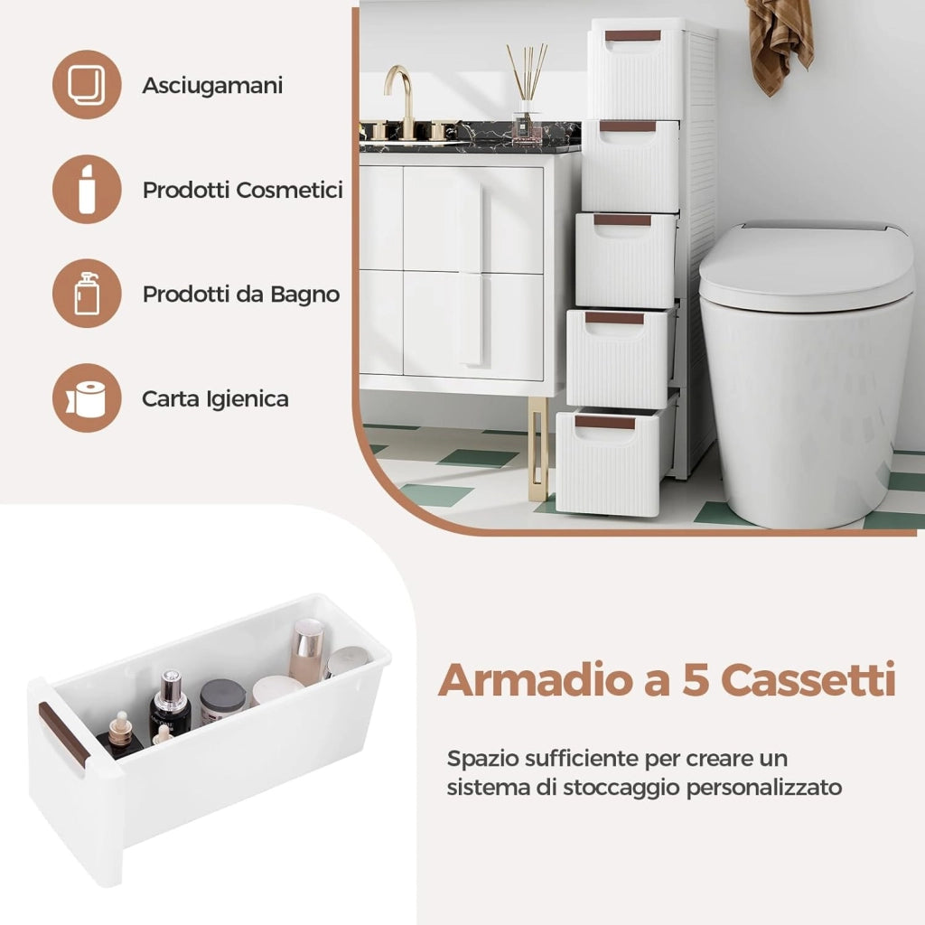 Mobile Bagno con 4 Cassetti, Mobiletto Bagno Salvaspazio con Ruote, Cassettiera in PP per Soggiorno, Bagno e Cucina, 42 x 19 x 74 cm