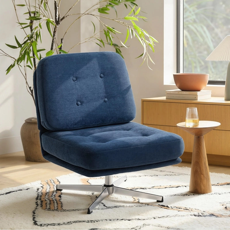 Poltrona girevole imbottita in chenille, seduta extra ampia, blu, base in metallo