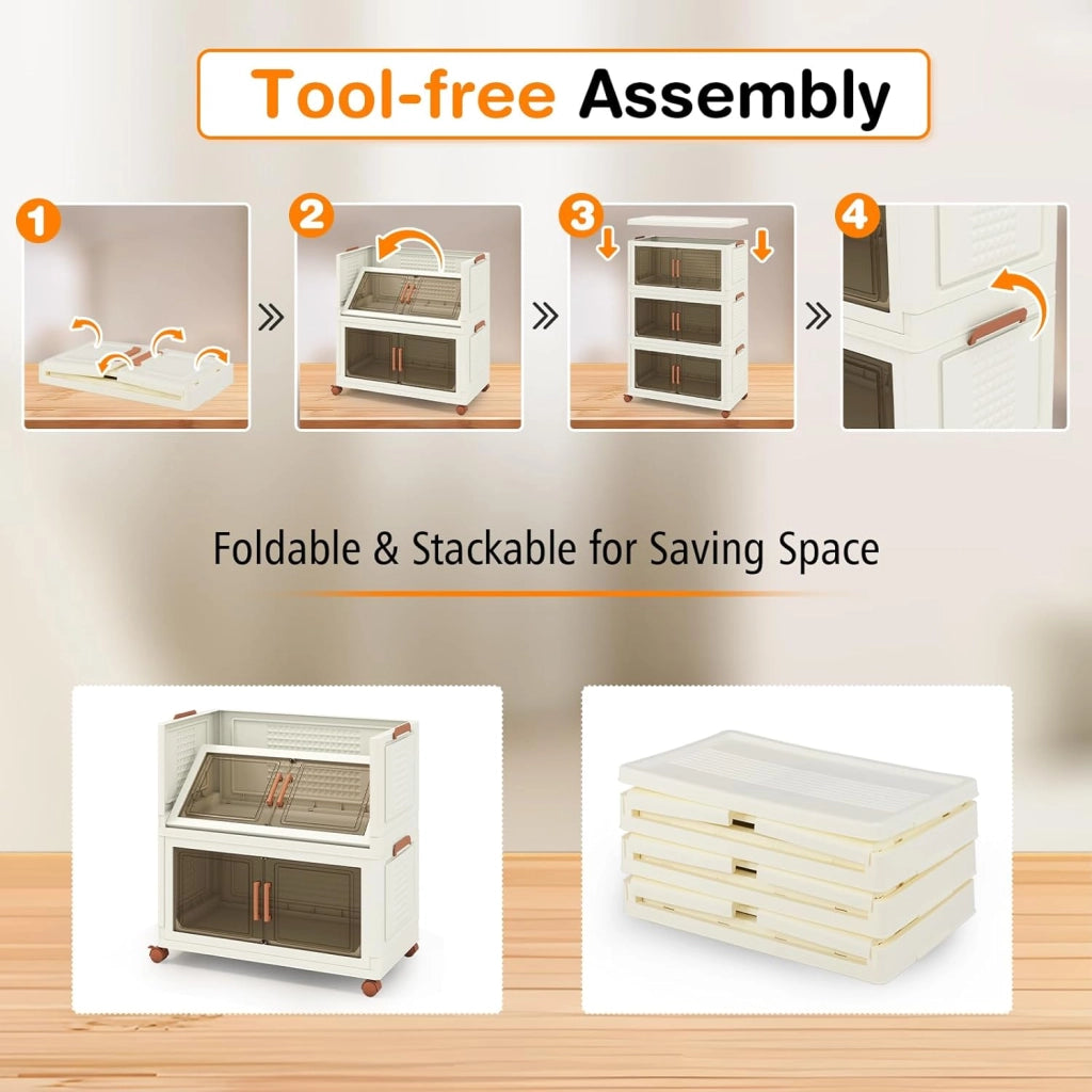 Contenitore di Archiviazione in Plastica, Organizzatore Impilabile con Coperchi e Porte, 4 Ruote, Scatole Organizzatore Pieghevoli per Soggiorno, Camera da Letto (62,5 x 34,5 x 99,5 cm)
