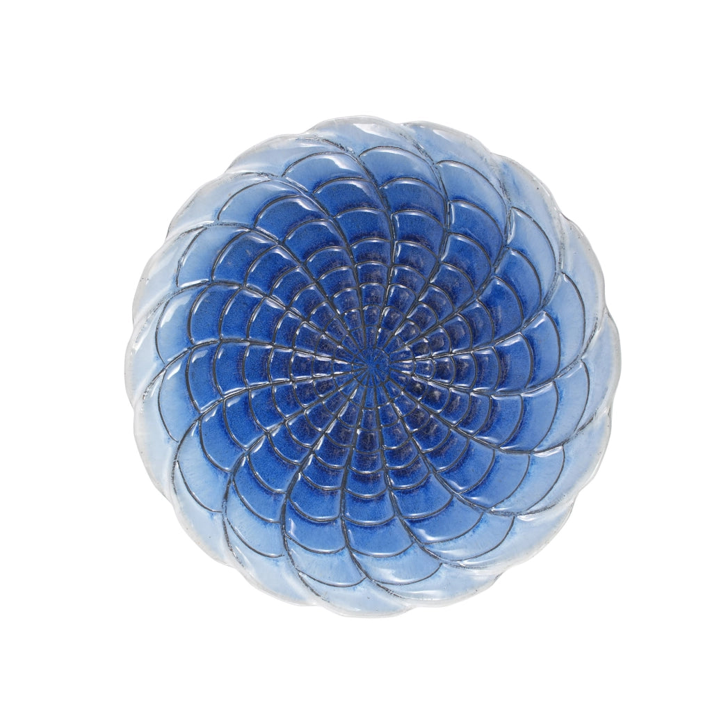 Fontana da giardino in ceramica fatta a mano con scodella ampia e base alta, resistente al gelo, blu e bianco