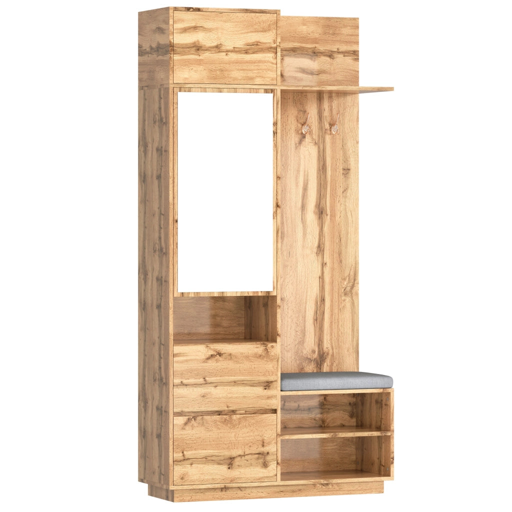 Mobile Ingresso con Specchio; Panchina e Appendiabiti con Cassetti e Scarpiera a Ripiani; MDF; Naturale; 90??34;5??190 cm