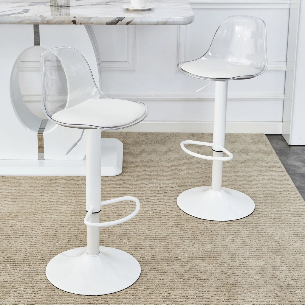 Set di 2 sgabelli da bar 51x49.5x50 cm regolabili con schienale trasparente in metallo e plastica bianco