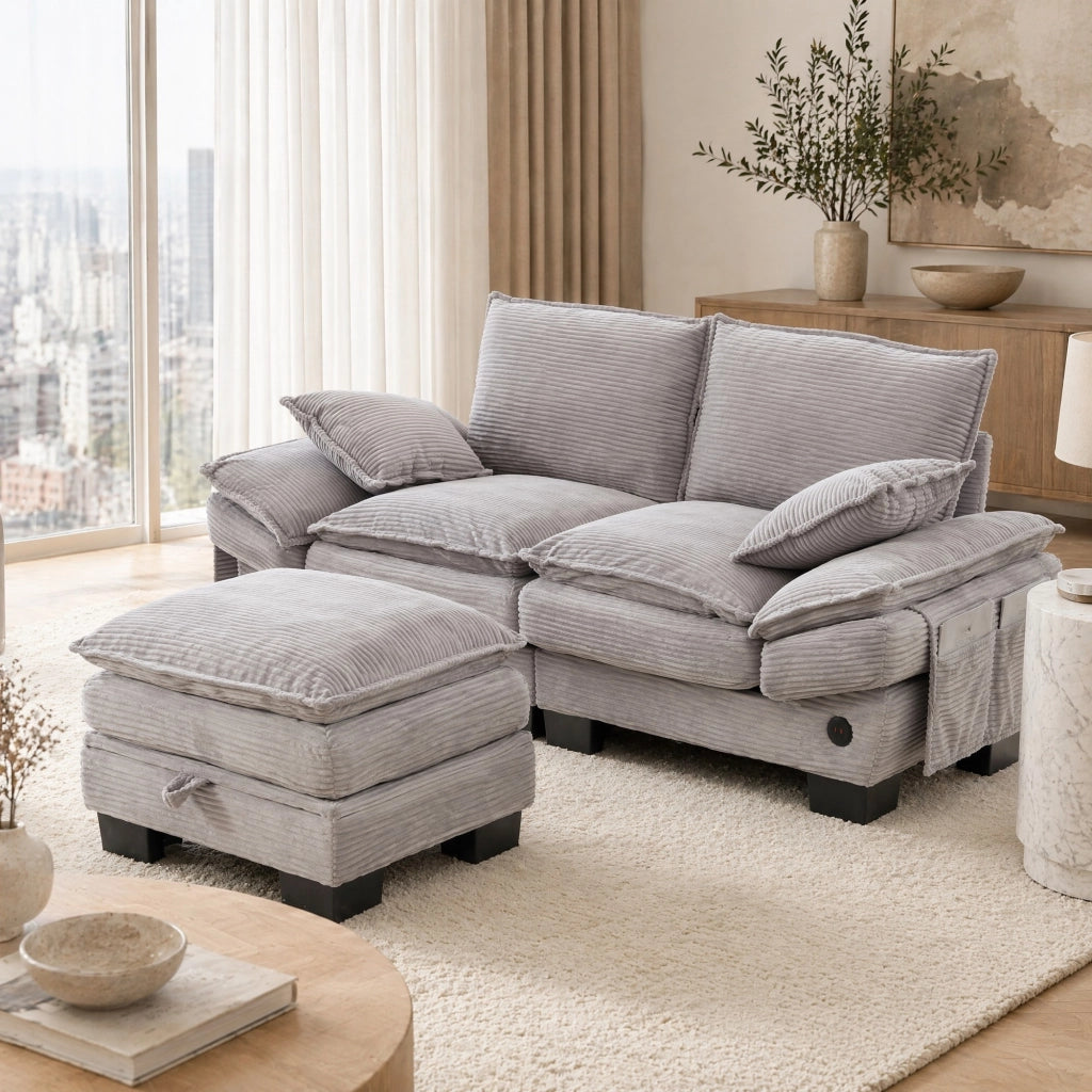 DIVANO 2 posti con pouf 190x132x84 cm tessuto a coste grigio chiaro USB-C
