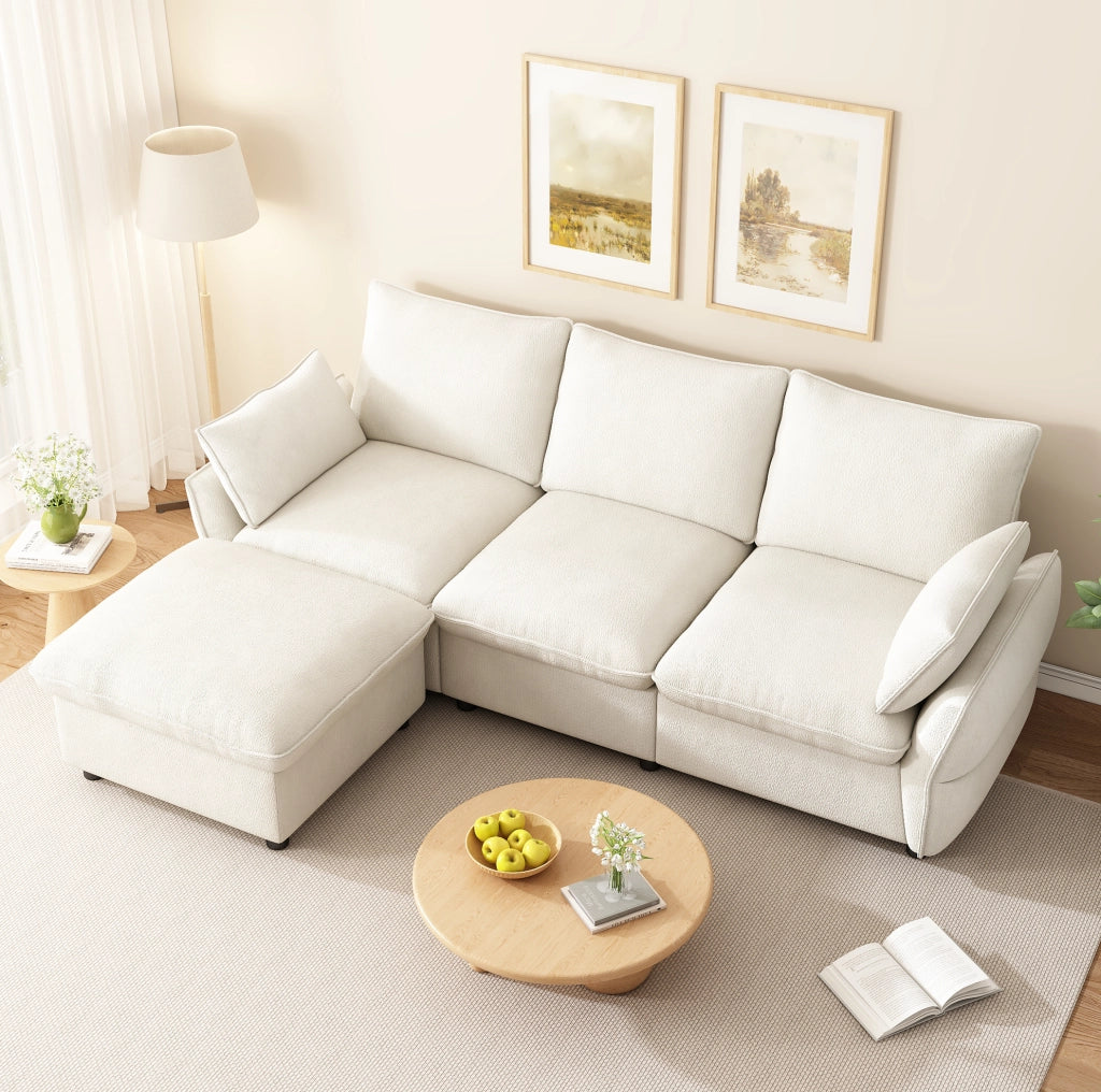 Divano angolare a L in chenille beige con pouf e 2 cuscini, 222,5 x 154,5 cm