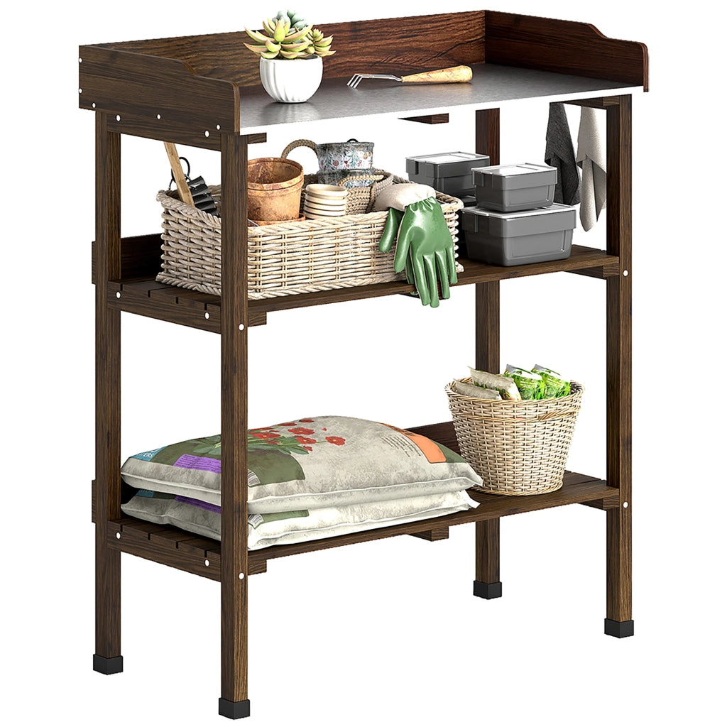 Tavolo da Giardino con Ripiani e Ganchi ¨C Zephmum ¨C Legno e Metallo Carbonizzato 76x37x89 cm