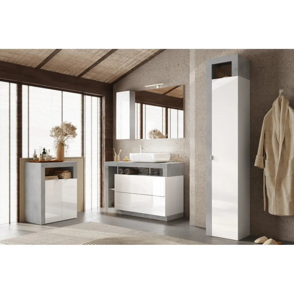 Mobile da bagno BURA – 2 porte, 2 scaffali – Bianco lucido laccato e grigio effetto cemento