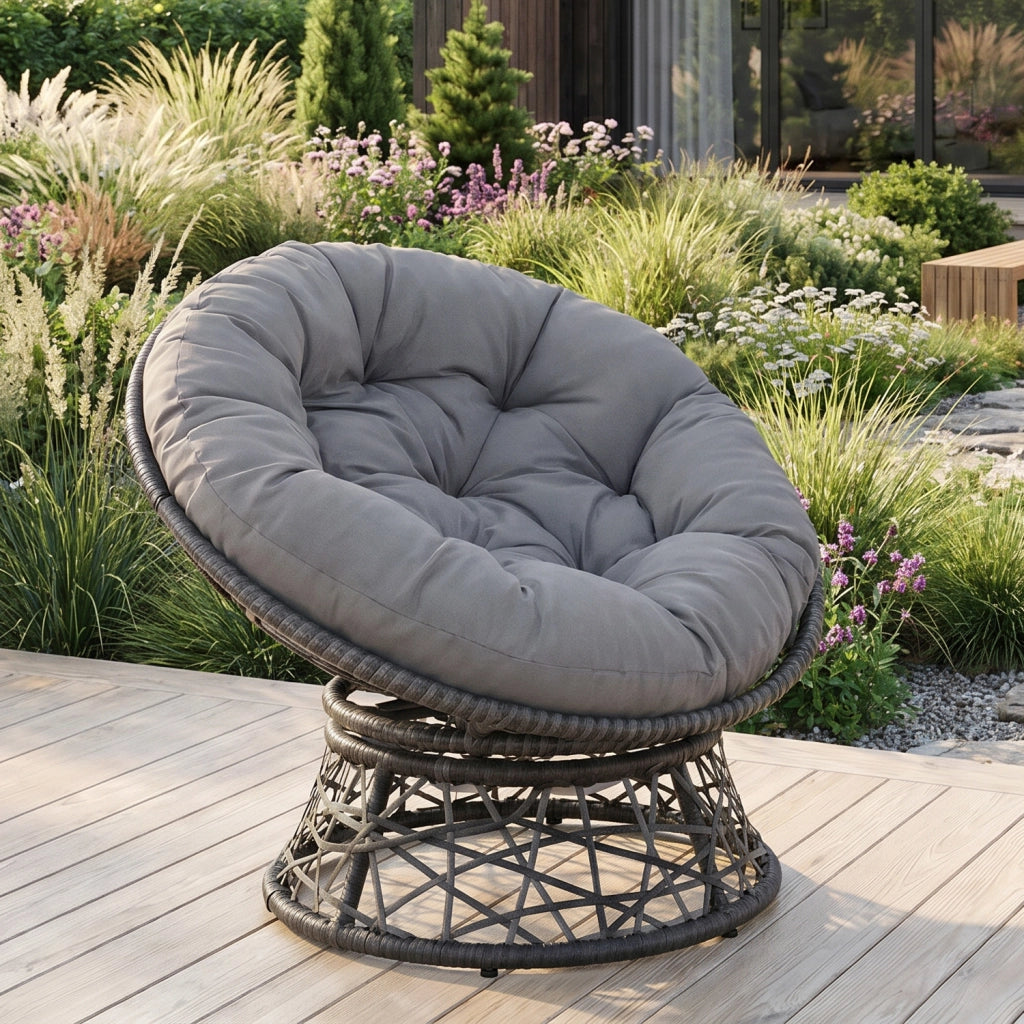 Poltrona Relax Da Esterno Girevole Con Cuscino Imbottito Seduta Rotazione 360 Gradi Per Giardino Terrazzo Patio Veranda Bordo Piscina 64 x 80.5 Cm Grigio