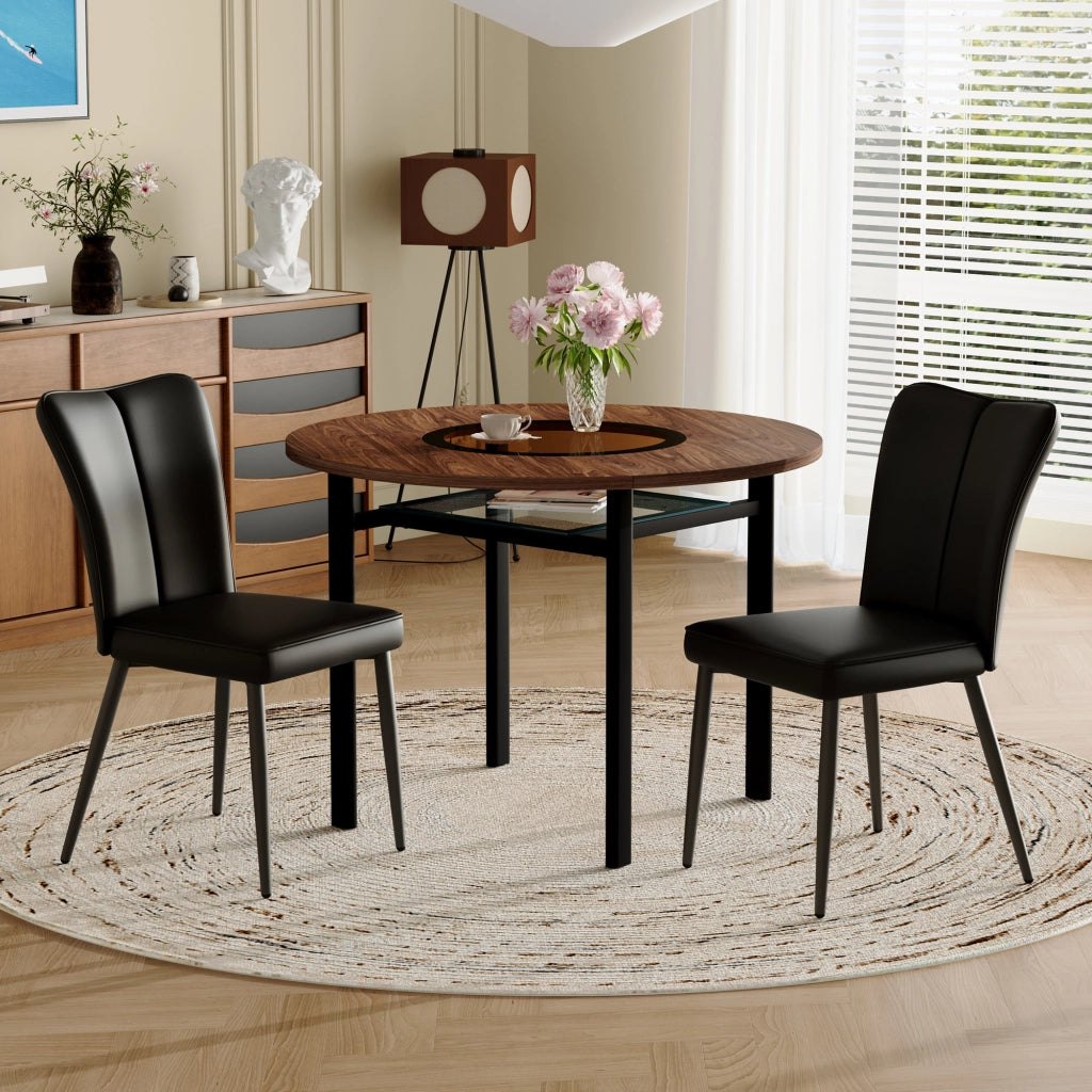 Tavolo da pranzo rotondo con 2 sedie, piano in mdf con inserto in vetro, per cucina e soggiorno, marrone e nero, diametro 100 cm