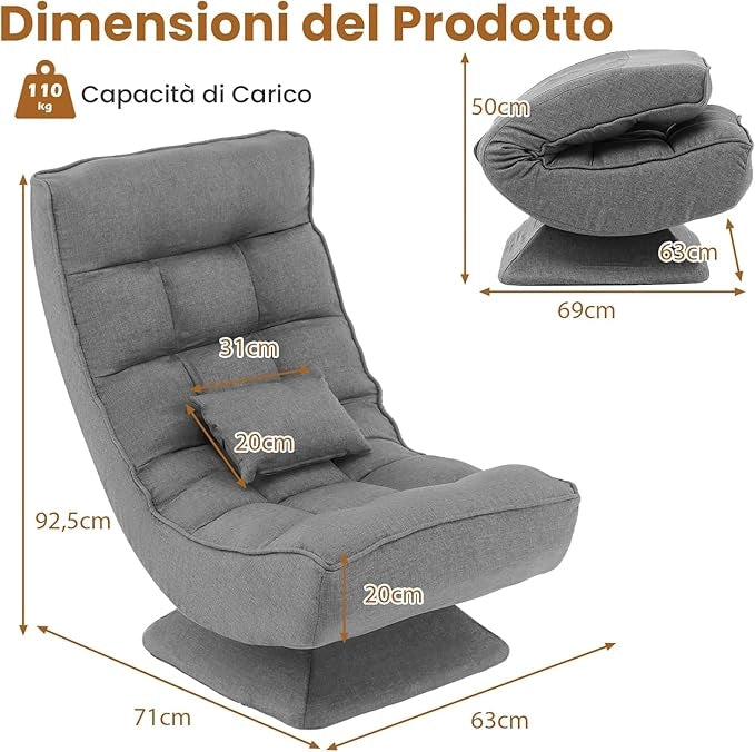 Chaise longue da Pavimento Pieghevole, Sedia da Gioco da Pavimento con Schienale Regolabile in 5 Posizioni, Divano Reclinabile da Interno (Grigio)