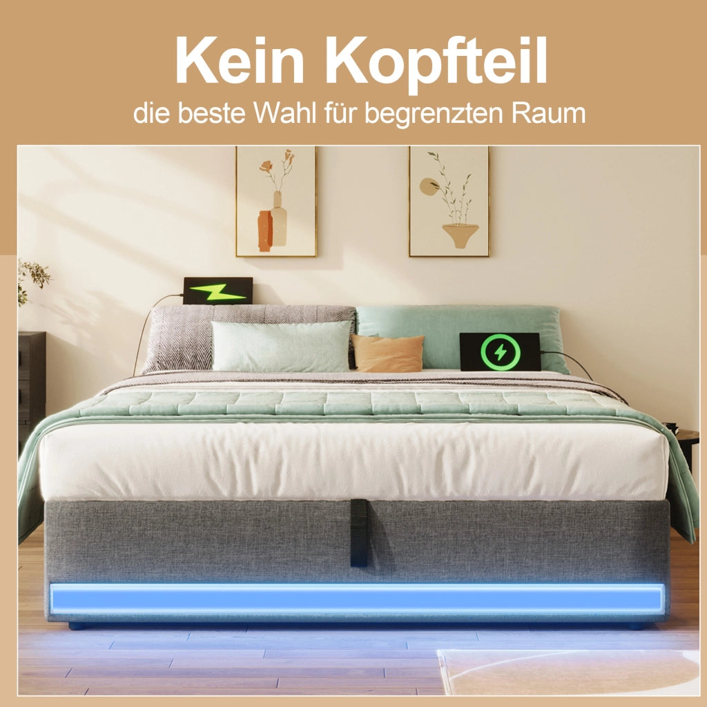 Letto imbottito 140 x 200 cm con vano contenitore idraulico; LED; USB e Type-C; grigio