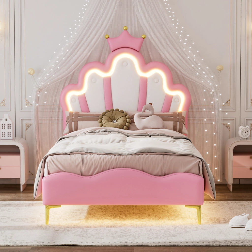 LETTO 90x200 cm Rosa in PU con LED, testiera a forma di nuvola e corona