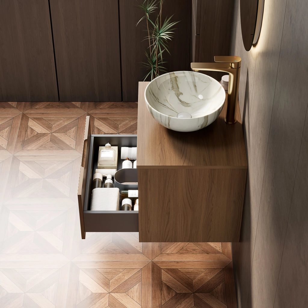 Mobile bagno con cassetto e vano aperto con lavabo in ceramica e luce LED con sensore per bagno 60×46×60.8 cm