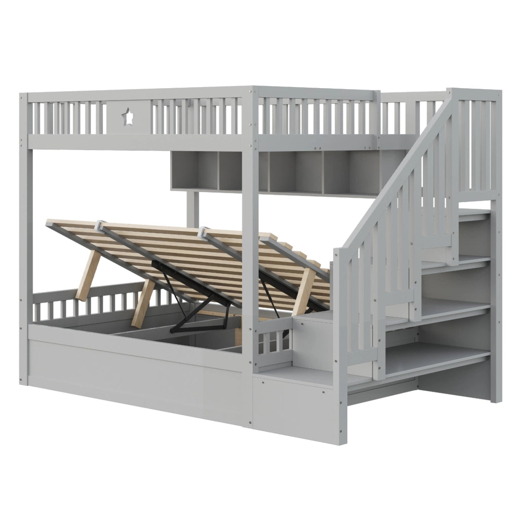 Letto a soppalco 140x200 cm con vano idraulico, scala contenitore e scaffali