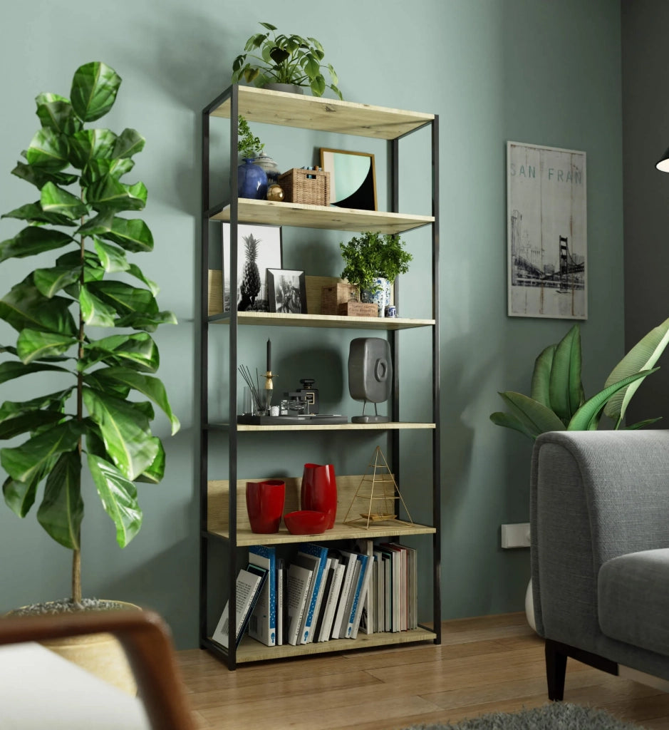 Scaffale stilo loft con ripiani in legno 80 cm Nera 80 cm inserto frontale Quercia Artisan 80x32x192 cm