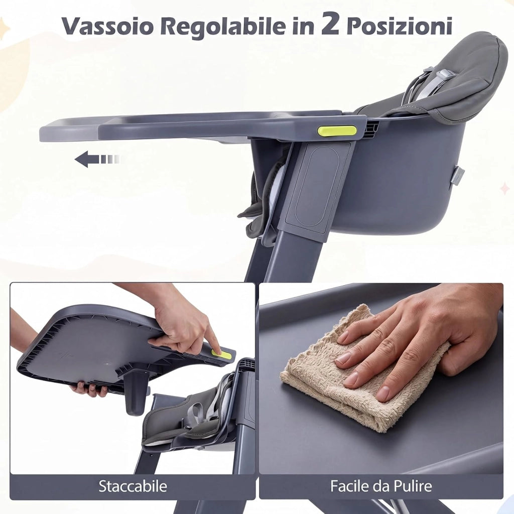 Seggiolone Pappa Evolutivo per Bambini 6-36 Mesi, Lavabile | Sedia Portatile con Vassoio Regolabile, Cuscino Imbottito e Cintura di Sicurezza, Telaio in Metallo, Portata 15 kg