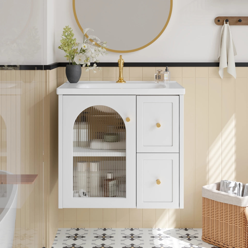 Mobile Bagno Sospeso con Lavabo in Ceramica, LED e Anta in Vetro ¨C MINIMAL ¨C Nero/Bianco