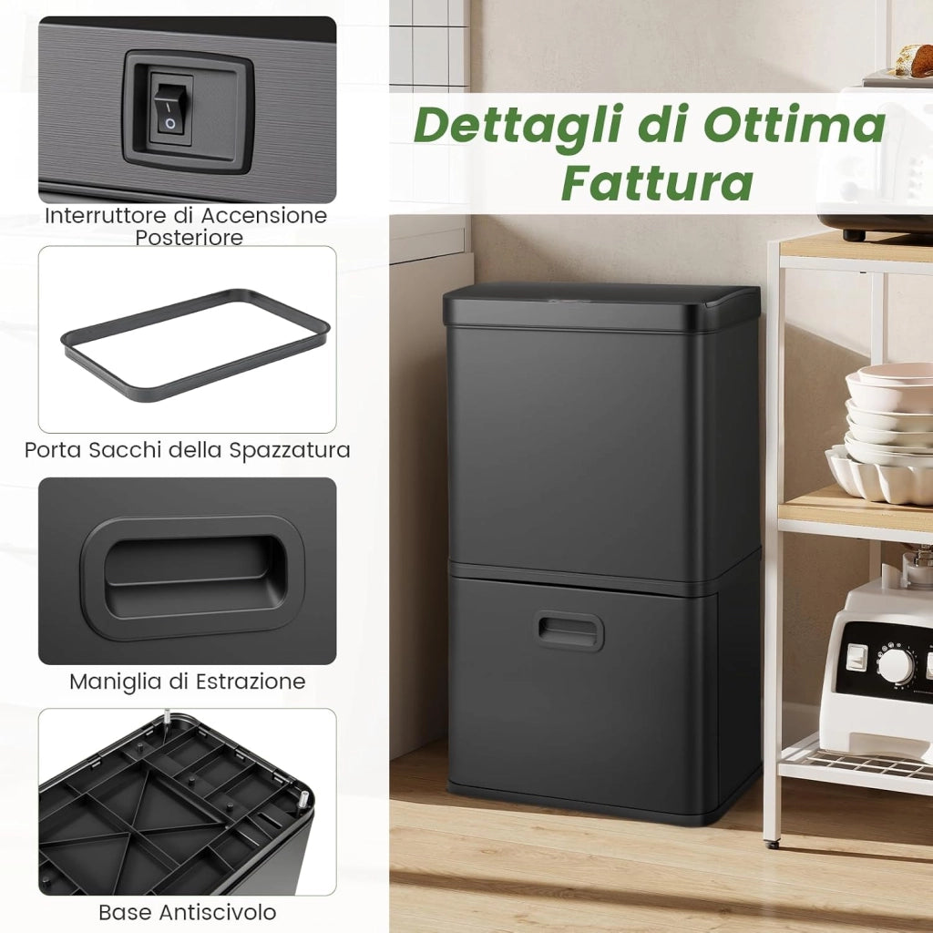 56L Pattumiera Differenziata, Pattumiera in Acciaio Inossidabile a 3 Scomparti con Coperchi, Sensore di Movimento, Coperchio a Chiusura Lenta per Cucina Soggiorno Ufficio (Nero)