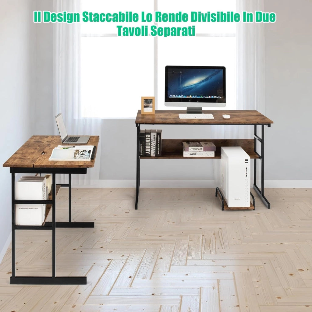 Scrivania Angolare 170 CM, Scrivania per Computer ad Angolo Moderna con Piano Inclinabile, Scaffale Inferiore e Supporto per CPU, Scrivania a Forma di L per Ufficio e Studio (Marrone)