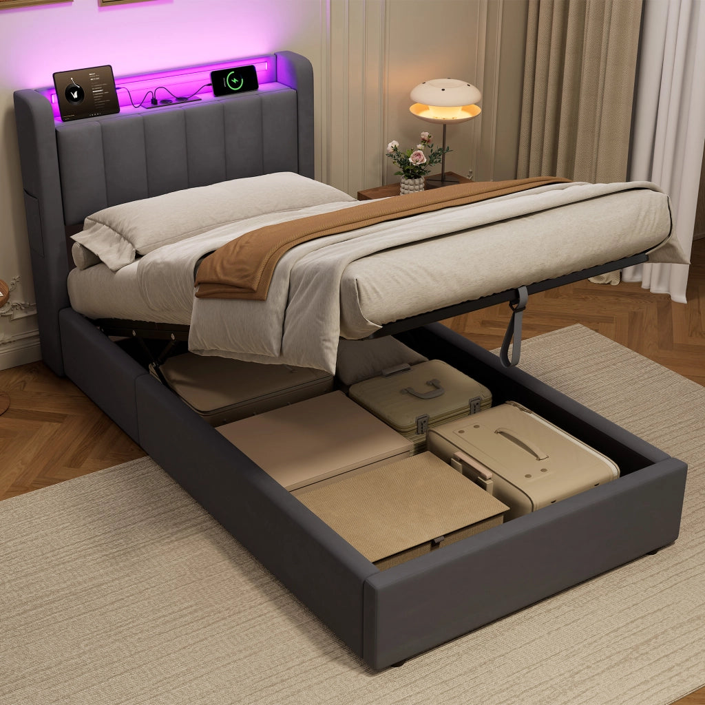 LETTO Imbottito 90 x 200 cm in Velluto con Contenitore, LED e USB",
"description