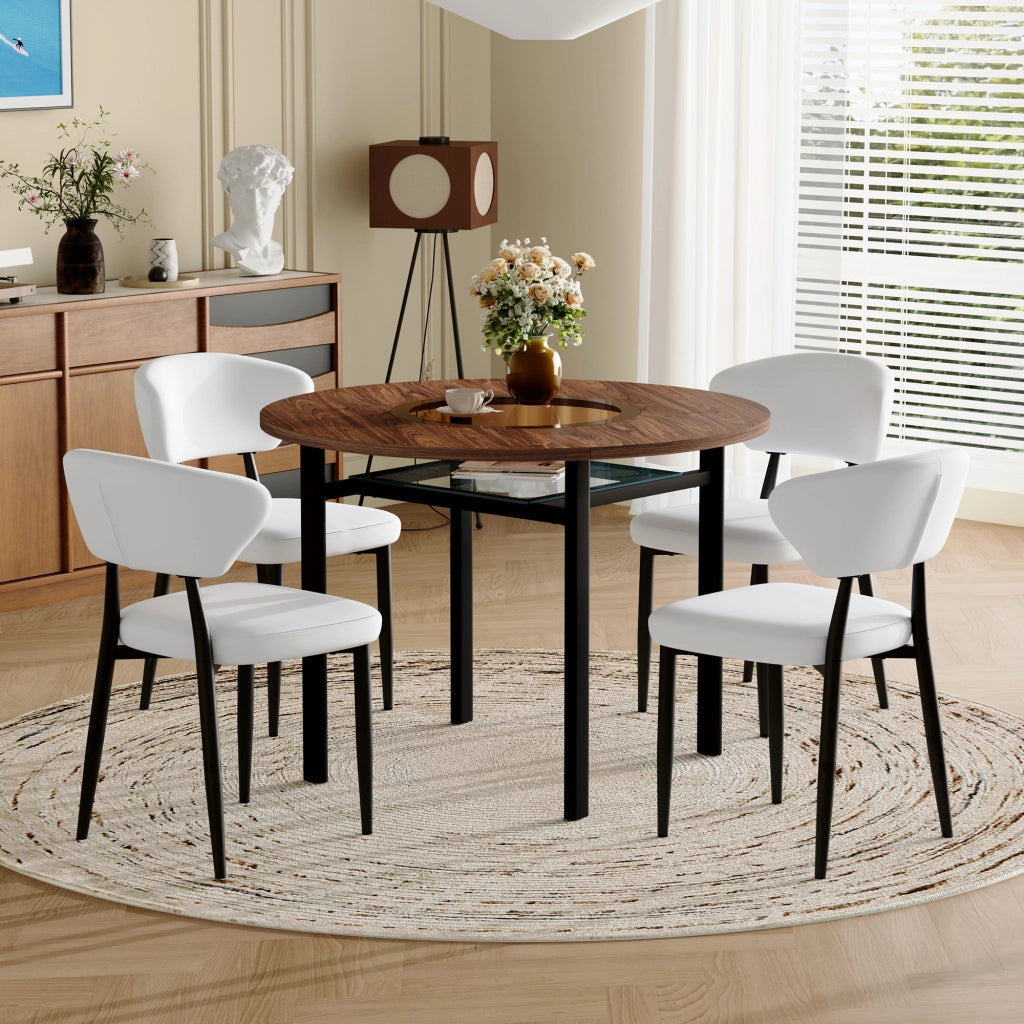 Tavolo da pranzo rotondo moderno per 4 persone con 4 sedie bianche, piano in MDF e vetro, marrone e bianco, 100 cm