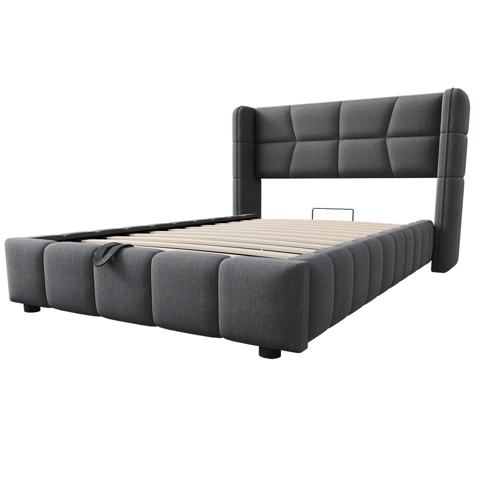 Letto imbottito 90x200 cm con contenitore e testiera in tessuto grigio