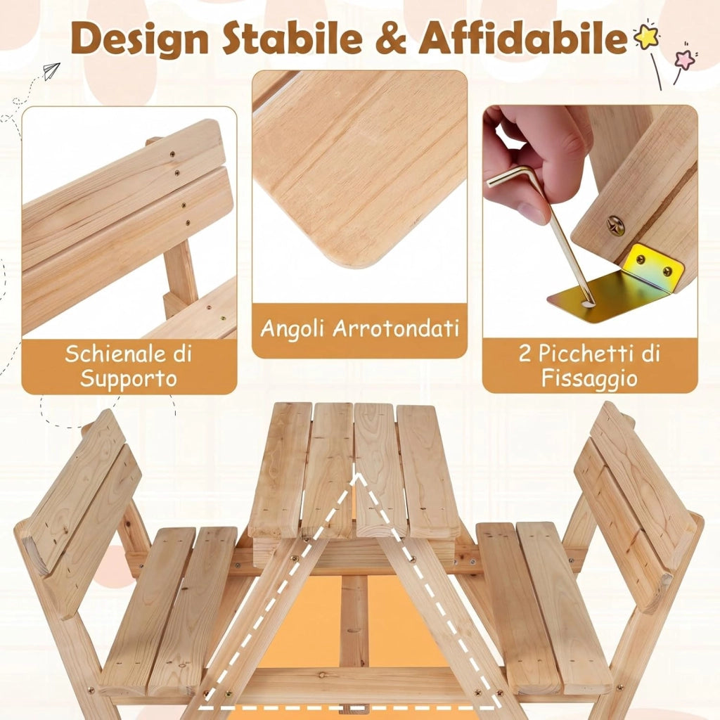Tavolo da Picnic per Bambini, Set Tavolo e Panche da Giardino con Ombrellone Regolabile in Altezza e Struttura in Legno Massello per Campeggio e Picnic per Bambini 3-8 Anni
