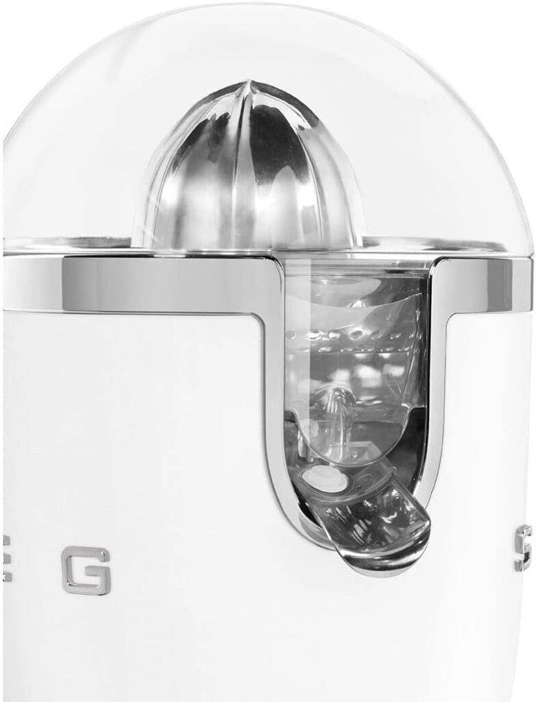 Smeg, spremiagrumi elettrico cjf11whmeu, spremitura a pressione manuale, beccuccio antigoccia e cono universale, base antiscivolo, avvolgicavo integrato, 70w, bianco