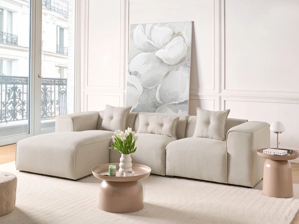 Divano Angolare color Beige chiaro 3 Posti Cuscini Extra stile moderno soggiorno