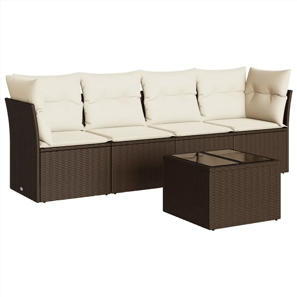 Set Divano da Giardino 5 pz | Set Salotto da Giardino con Cuscini Marrone in Polyrattan