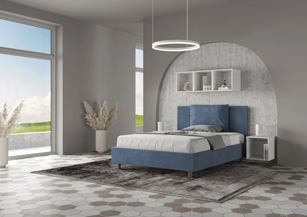 BS COM Letto una piazza e mezza con rete imbottito 130x200 microfibra blu