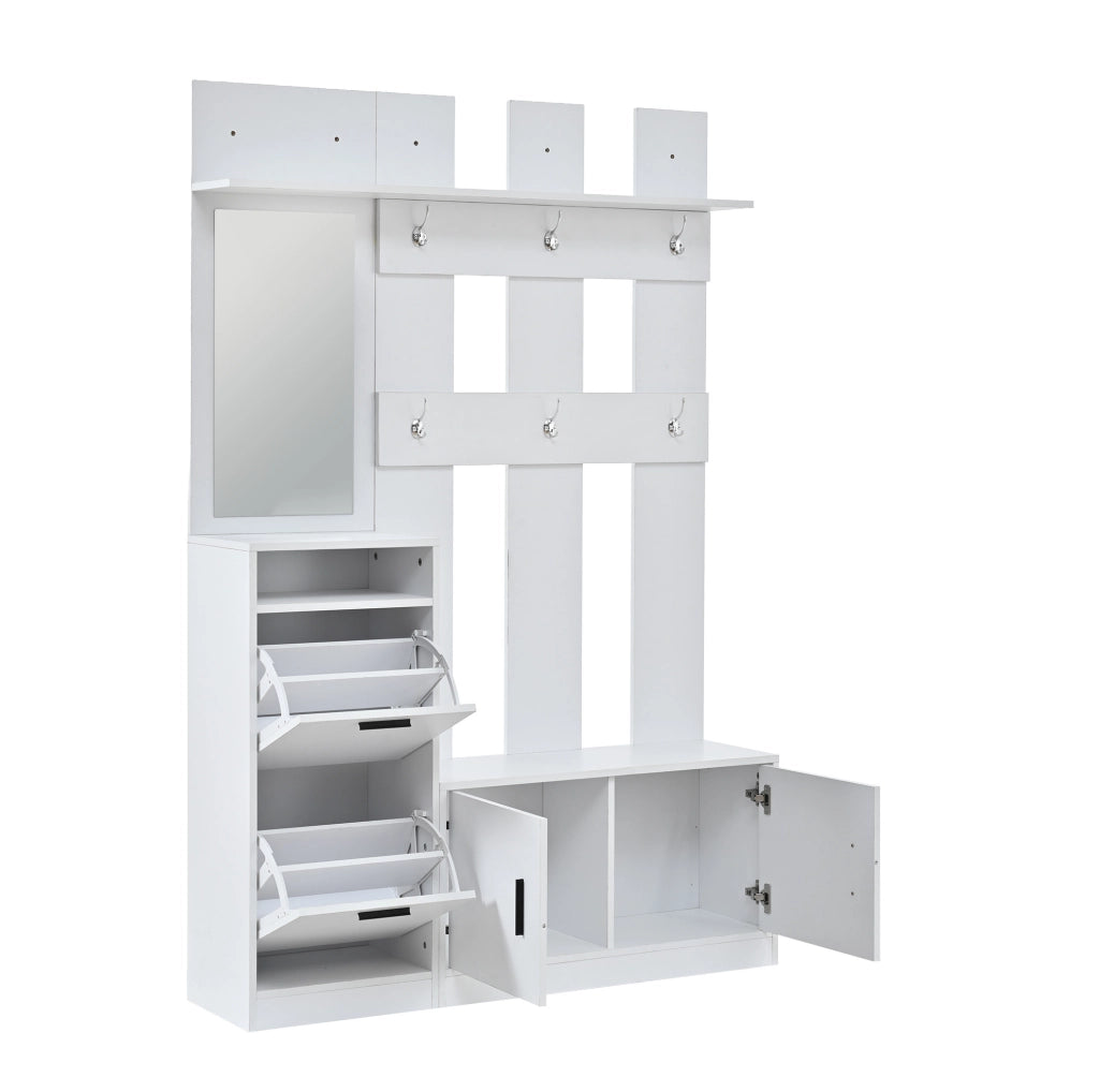 Mobile ingresso 120x30x180 cm con specchio; scarpiera e panca in MDF bianco