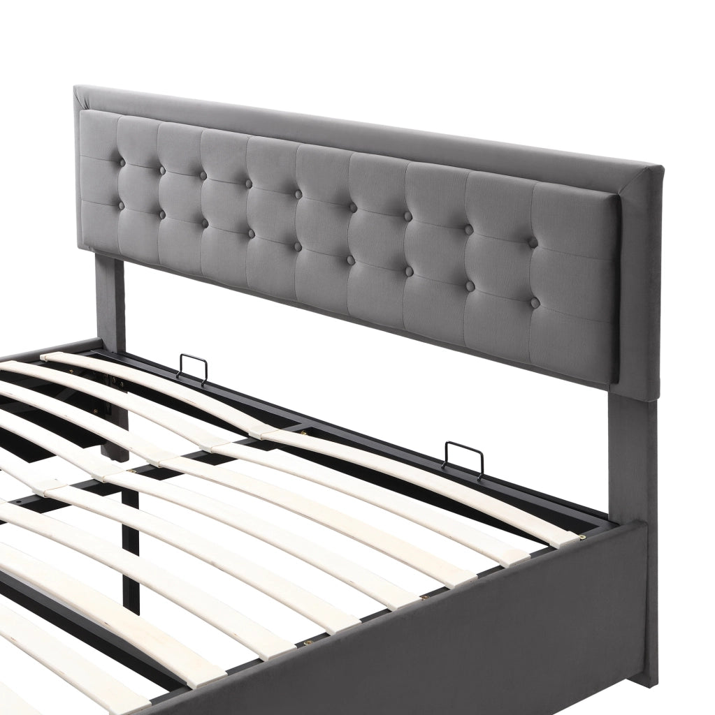 Letto contenitore 160x200 cm in velluto grigio con testiera regolabile