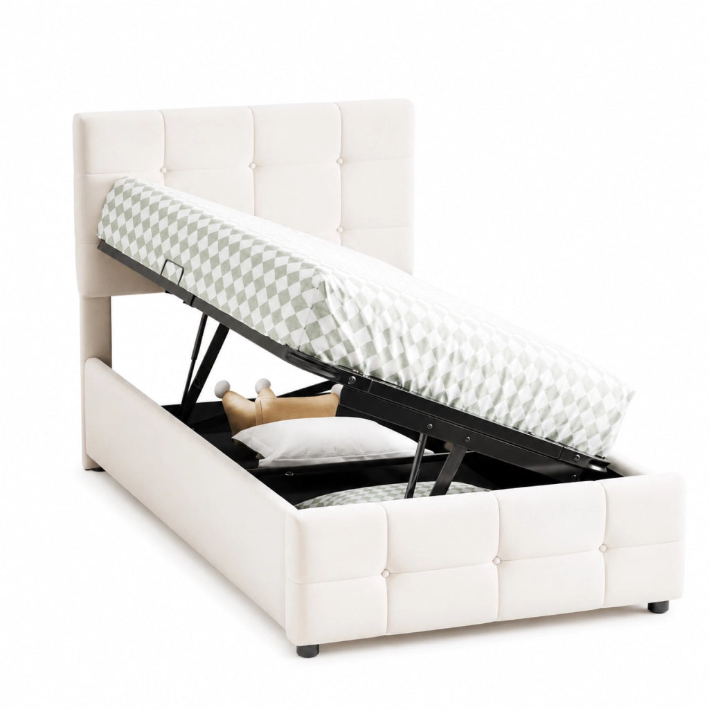 Letto imbottito bambini 90x200 cm; contenitore idraulico; velluto beige (Senza materasso)