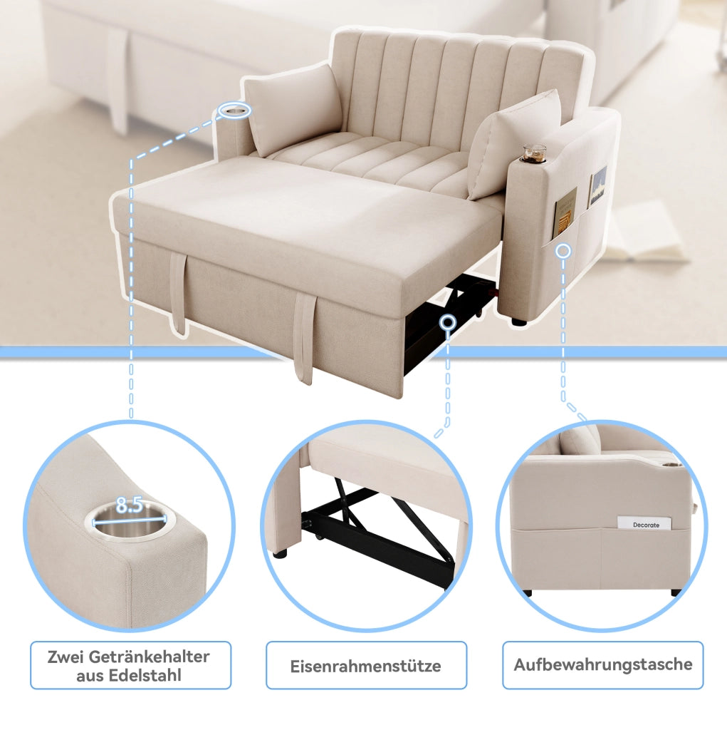 Divano letto 2 posti beige con schienale reclinabile e portabicchieri